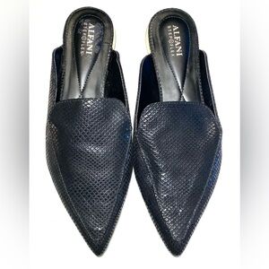 Alfani Serrise Black Snakeskin  Textured Slip-On Mules Shoes Silver Heels 8.5M